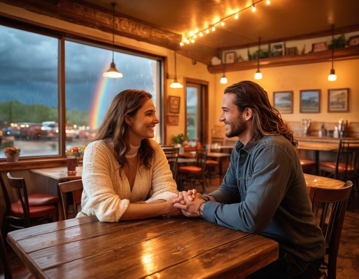 A loving couple sitting at a cozy café, deeply engaged in a heartfelt conversation, surrounded by romantic decor and warm lighting. A subtle hint of challenges like a storm in the background melting into a rainbow signifying overcoming difficulties. Hand-holding and soft smiles evoking warmth and connection. painting. vibrant colors.