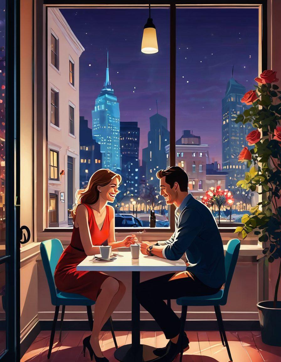 A modern, loving couple laughing together on a date at a cozy, stylish café, with subtle romantic lighting, roses on the table, and a background showing city lights through the window, signifying urban dating. vector art. vibrant colors. romantic ambiance. clean lines.