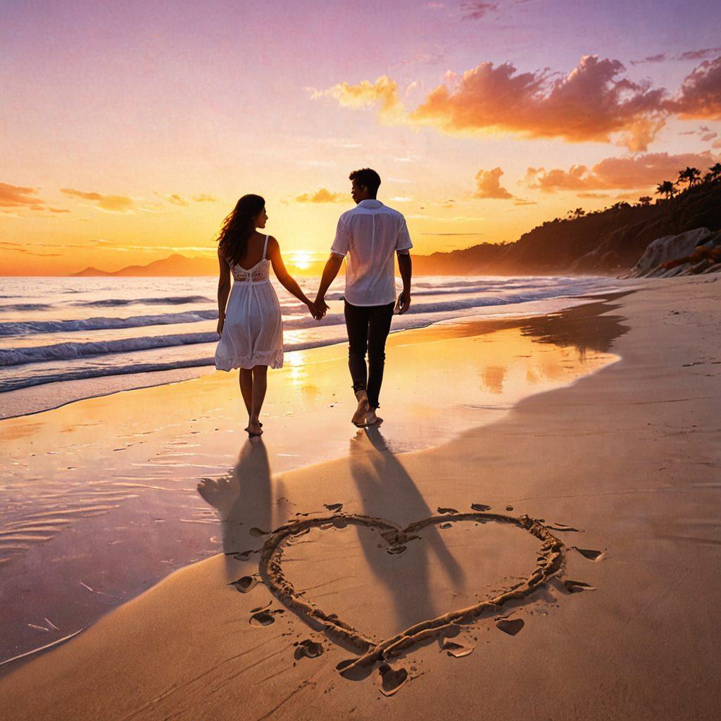 A couple holding hands while walking on a picturesque beach at sunset, with subtle symbols of love like a heart drawn in the sand, and a background that shows different life milestones like a cozy home and joyful celebrations. Romantic, dreamy atmosphere. Super-realistic. Warm, vibrant colors.